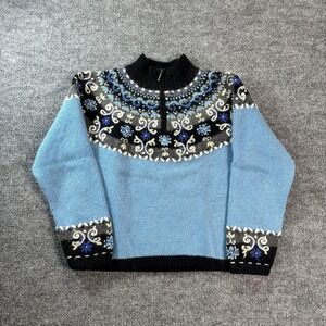 Icelandic Design Sweater Womens Medium Blue Fair Isle 1/4 Zip Mock Neck Knit